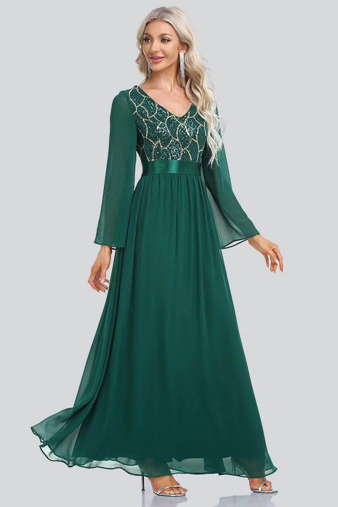 A Line Long Sleeve Chiffon Sequins Simple Prom Dresses