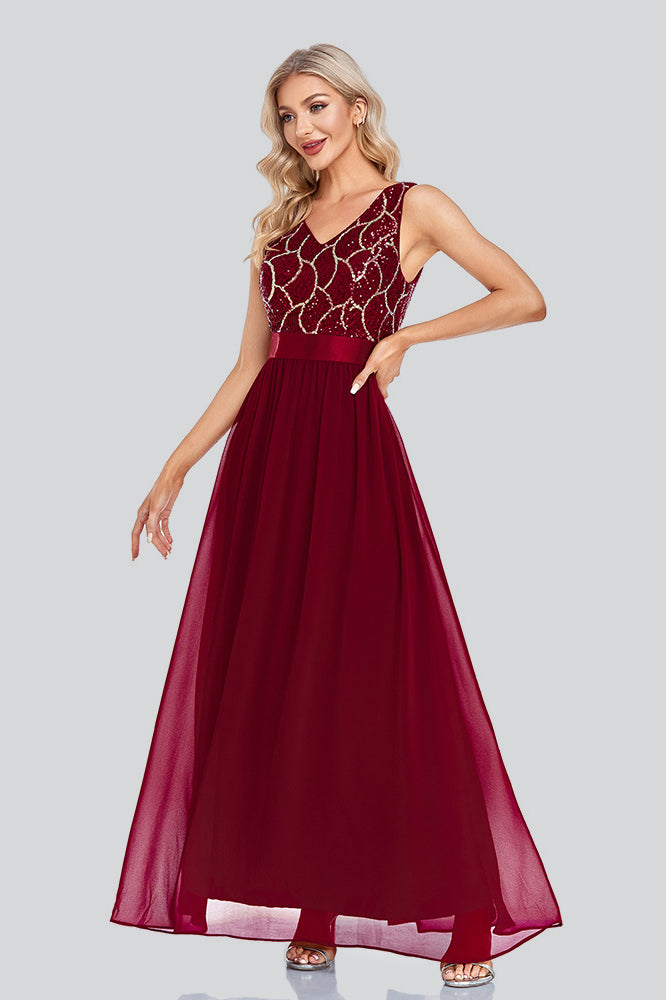 Burgundy Flowy Sequins Sleeveless V-neck Long Prom Dresses