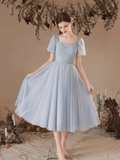 Gray Tulle Pearl Short Sleeve Tea-length Prom Dresses Bridesmaid Dresses N379