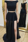 Two Pieces Off The Shoulder Sequins Black Chiffon Prom Dresses PW461
