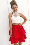 Two Piece High Neck Beads Red Sleeveless Tiered Homecoming Dresses, Short Dresses PW868