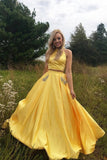 Two Pieces Halter Open Back Yellow Prom Dresses Beads Evening Dresses with Pockets P1121