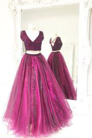 Two Piece Prom Dresses Tulle Beaded Prom Dresses Long Prom Dresses Evening Dresses