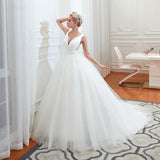 Ball Gown Deep V-Neck Sleeveless Tulle Court Train Wedding Dresses WH31354