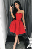 Unique A line Red Homecoming Dresses with Strapless, Sweetheart Satin Prom Dresses H1090