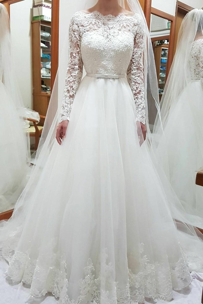 Unique Bateau Lace and Tulle Wedding Dresses Long Sleeves Bridal Dresses PW656