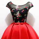 Unique Red Satin Cap Sleeves Scoop Belt Flowers Homecoming Dress with Lace up H1233