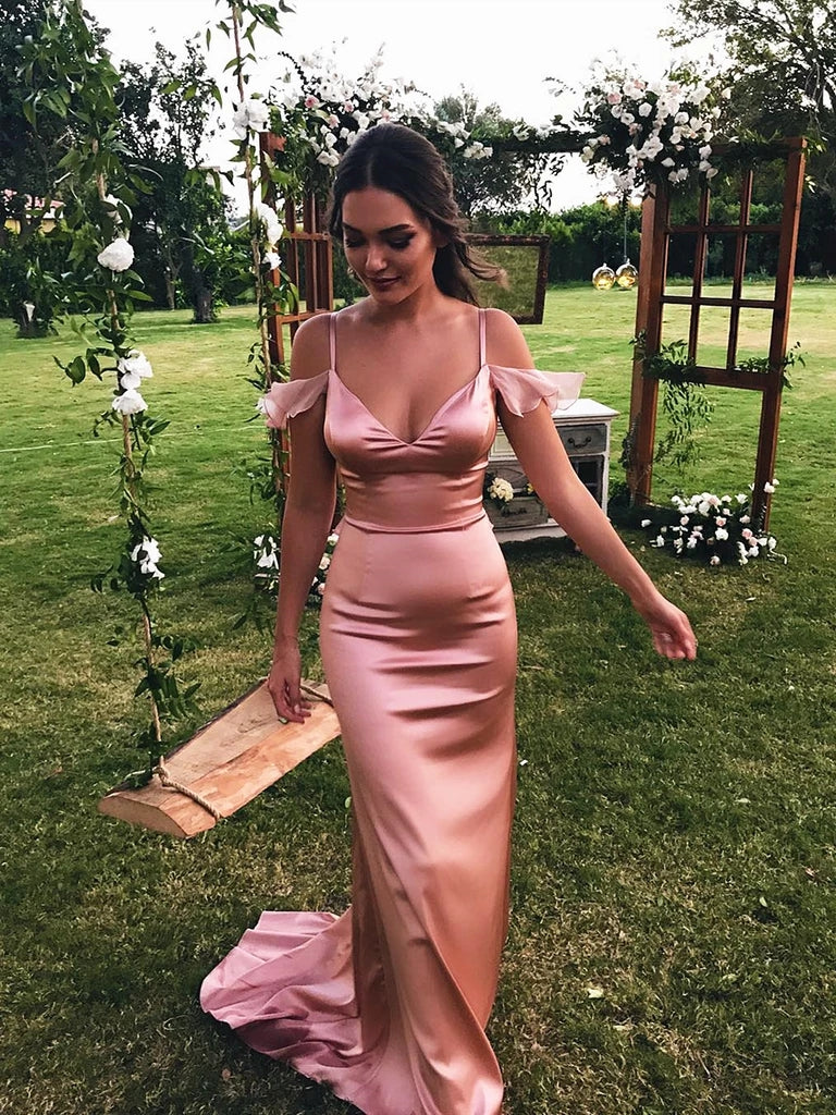 Unique Spaghetti Straps Pink Mermaid Prom Dresses Off the Shoulder Evening Formal Dresses P1149