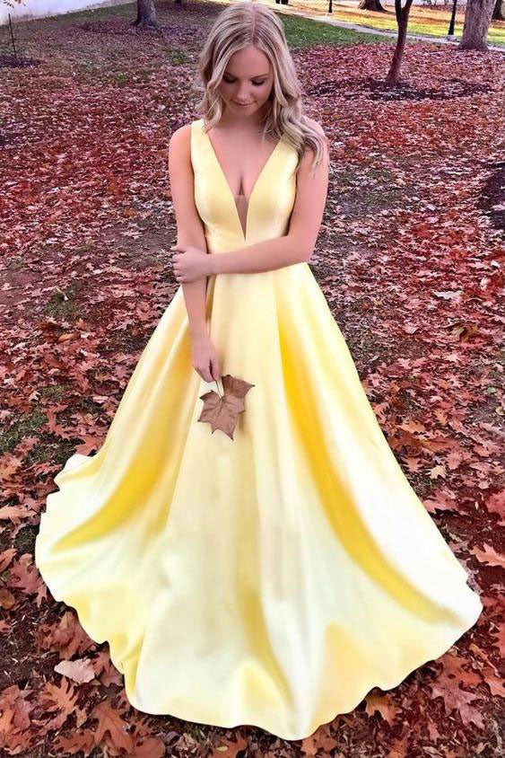 Unique Yellow Satin Prom Dresses with V Neck V Back Straps Long Formal Dresses PW486