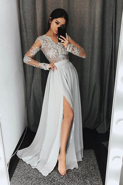 Stylish A-Line V-Neck Long Sleeves Split Front Gray Chiffon Long Prom Dresses uk PM327