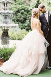 Ball Gown Spaghetti Straps V Neck Backless Asymmetrical Pink Long Wedding Dresses uk PW197