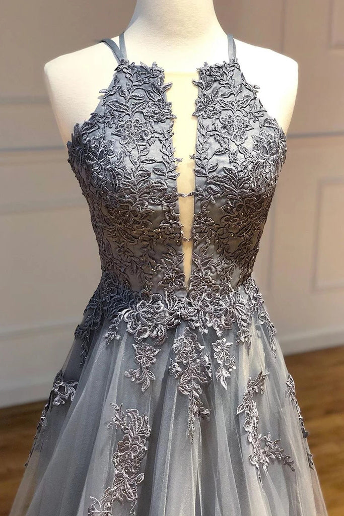 A Line Spaghetti Straps Lace Long Prom Dress with Appliques P1294