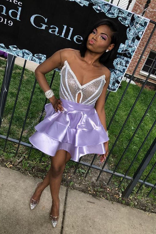 V Neck Purple Strapless Homecoming Dresses, Satin Sequins Above Knee Short Prom Dress H1096