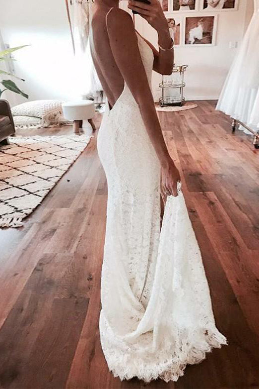 V-Neck Spaghetti Straps Backless Lace Boho Wedding Dress With Split Mermaid Bridal Dress PW999
