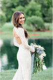 Vintage Long Sleeve Deep V-Neck Mermaid Lace Wedding Dresses Ivory Backless Bridal Dresses W1067
