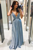 Shiny Spaghetti Straps A-line Blue Long Prom Dress