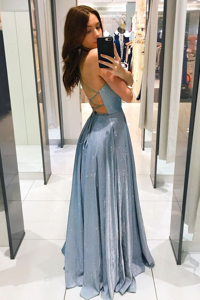 Shiny Spaghetti Straps A-line Blue Long Prom Dress