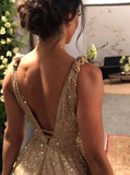 Shiny A Line Sleeveless Deep V-Neck Prom Dresses Evening Gowns