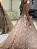 Chic Ball Gown Sleeveless Deep V-Neck Gold Sequins Prom Dress Evening Gowns