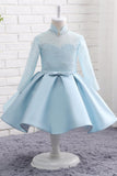 A Line High Neck Long Sleeve Beading Lace Flower Girl Dress WH15816