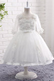 A Line Round Neck Half Sleeve Appliques Tulle Flower Girl Dresses With Pearls WH19821
