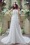 A Line Strapless Sequins Court Train Silk Like Satin Wedding Dress With Pearls WH20242