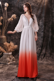 A Line Deep V-Neck Long Sleeve Ombre Silk Like Floor Length Party Dress WH21452
