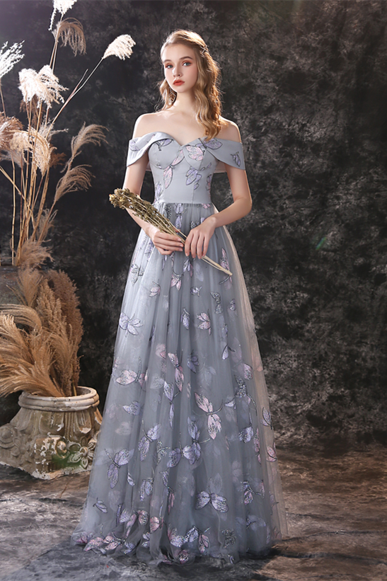 A Line Off The Shoulder Embroidery Sequins Tulle Prom Dress WH21554