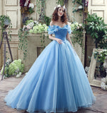 Gorgeous Ball Gown Off The Shoulder Appliques Tulle Court Train Prom Dress WH26240