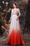 A Line V-Neck Long Sleeve Ombre Silk Like Satin Sweep Train Party Dress WH27455