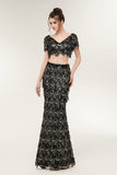 Elegant 2 Pieces Black Sleeveless V-Neck Prom Dress With Sequins WH28645