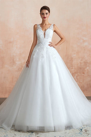 A Line V-Neck Sleeveless Sequins Appliques Tulle Wedding Dress WH30364