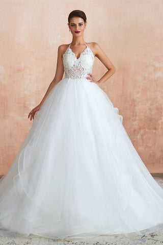 Ball Gown Halter Sleeveless Sequins Appliques Tulle Wedding Dress WH30368