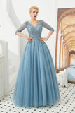 Ball Gown V-Neck Half Sleeve Sequins Beading Tulle Floor Length Prom Dress WH39341
