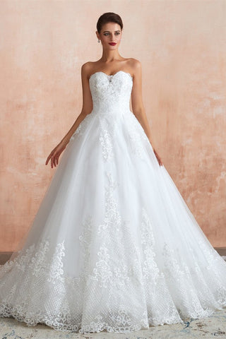 Ball Gown Strapless Sleeveless Appliques Lace Tulle Cathedral Train Wedding Dress WH39367