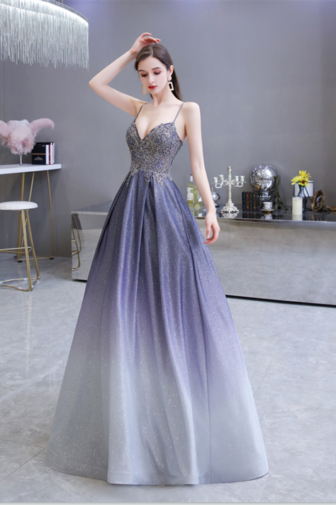 A Line Spaghetti Straps Appliques Floor Length Prom Dresses With Pockets WH39450