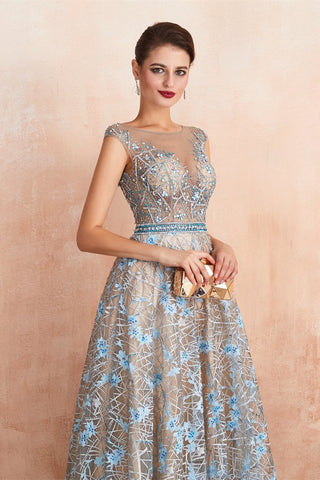 Shiny A Line Cap Sleeves Beading Tulle Sweep Train Prom Dress WH67360