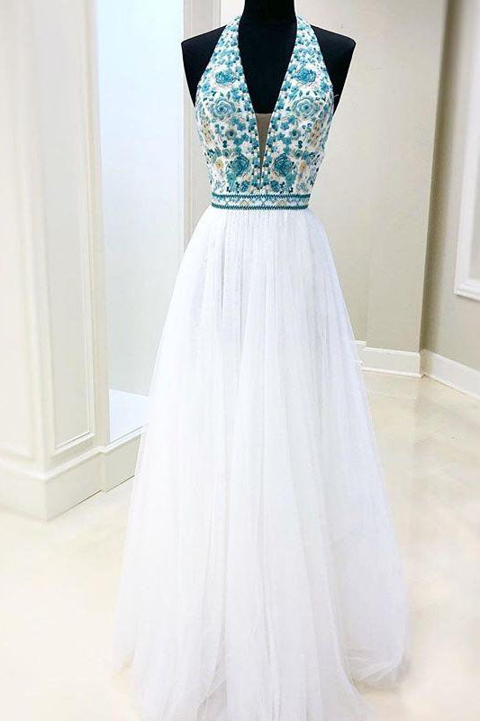 White Chiffon Long Prom Dresses V-Neck Halter With Blue Beaded Bodice Dresses Evening Dresses P1031