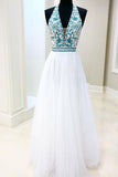 White Chiffon Long Prom Dresses V-Neck Halter With Blue Beaded Bodice Dresses Evening Dresses P1031