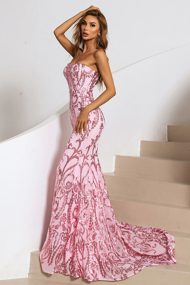 Pink Strapless Prom Dresses Glitter Sequins Sweep Train Evening Dresses