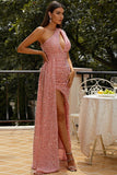 Elegant One Shoulder Dusty Pink Split Thigh Sequins Evening Gown
