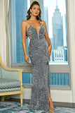 Glamorous Spaghetti Straps Party Dress Lace-up Back Sequin Split Evening Dress