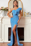 One Ruffled Shoulder Mermaid Sequin Sex Prom Evening Dresses with Split