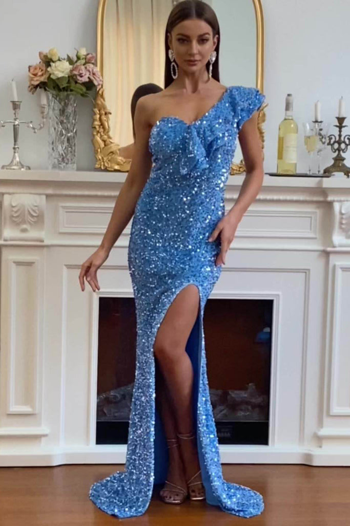 One Ruffled Shoulder Mermaid Sequin Sex Prom Evening Dresses with Split