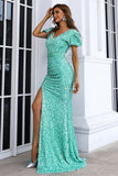Puffy Short Sleeve Sequins Prom Dress Luxury Side Slit Sweep Train Evening Dresses