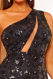 Hot Sale One Shoulder Sequins Sleeveless Black Mermaid Evening Dresses