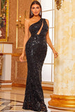 Hot Sale One Shoulder Sequins Sleeveless Black Mermaid Evening Dresses
