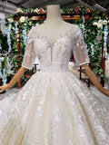 Lace Half Sleeve Round Neck Ball Gown Wedding Dresses Fashion Beads Wedding Gown PW775