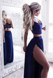Two Piece V-Neck Floor-Length Royal Blue Stretch Satin Prom Dress with Lace PM21