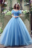 Elegant Ball Gown Off the Shoulder Blue Long Lace up Sweetheart Tulle Prom Dresses uk PW257
